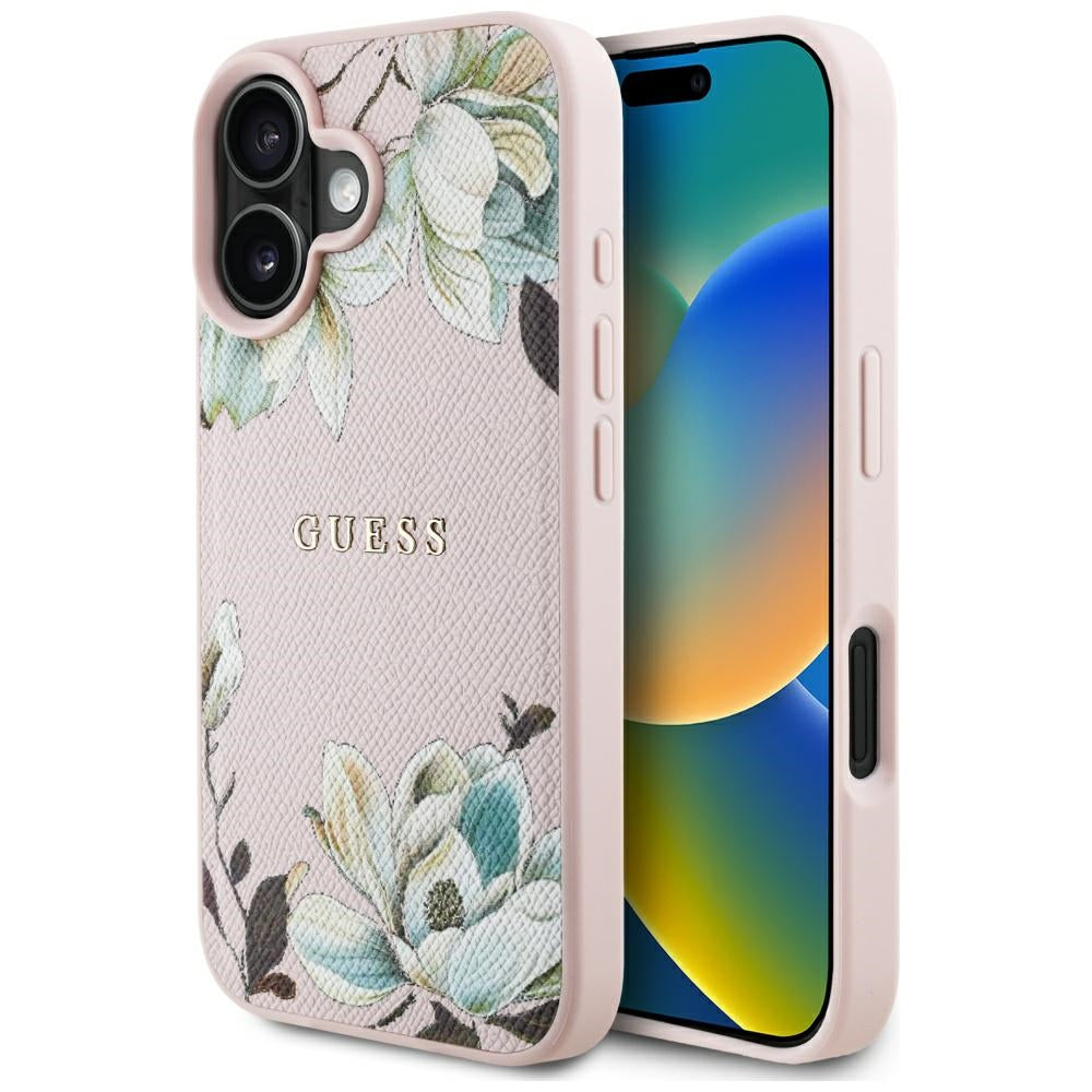 Husa MagSafe za Apple iPhone 16, Guess, Grained Flowers, Roze