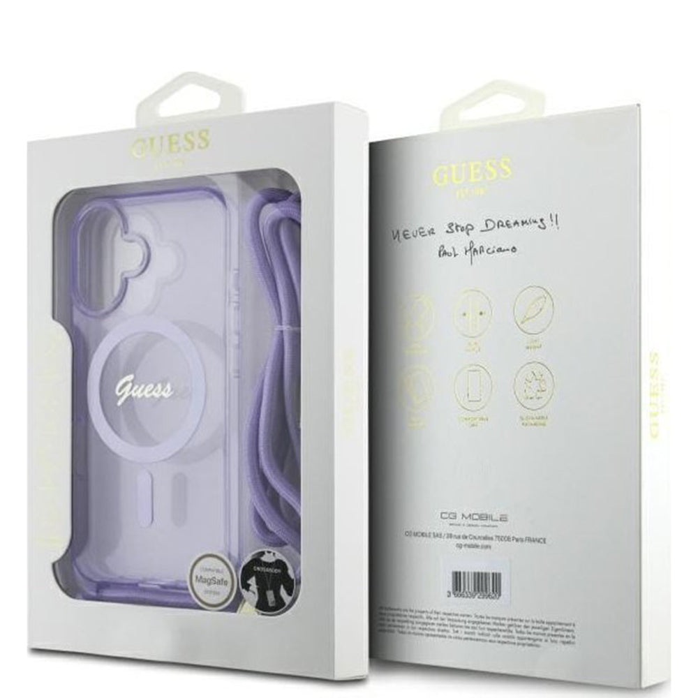 Futrola MagSafe za Apple iPhone 16, Guess, IML Crossbody Cord Script, Ljubičasta