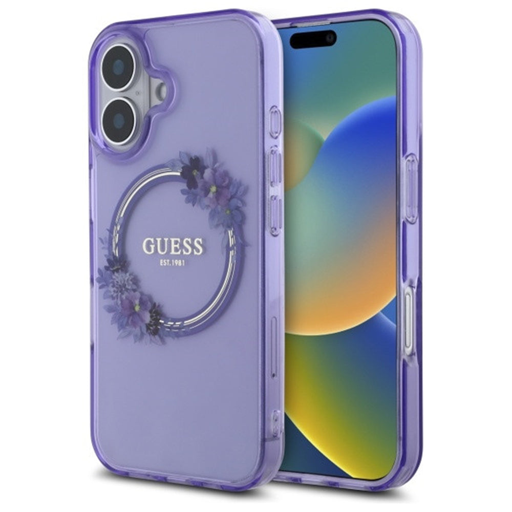 Futrola MagSafe za Apple iPhone 16, Guess, IML Flowers Wreath, Ljubičasta