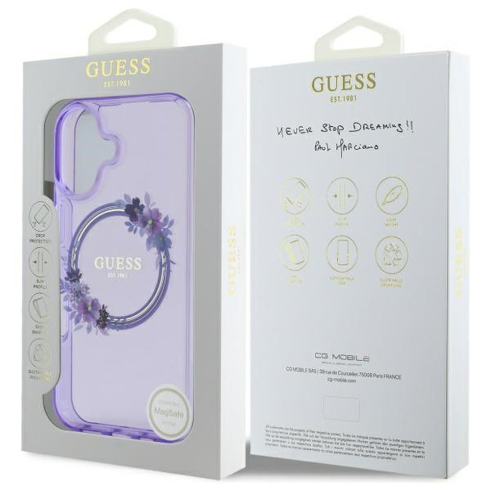 Futrola MagSafe za Apple iPhone 16, Guess, IML Flowers Wreath, Ljubičasta