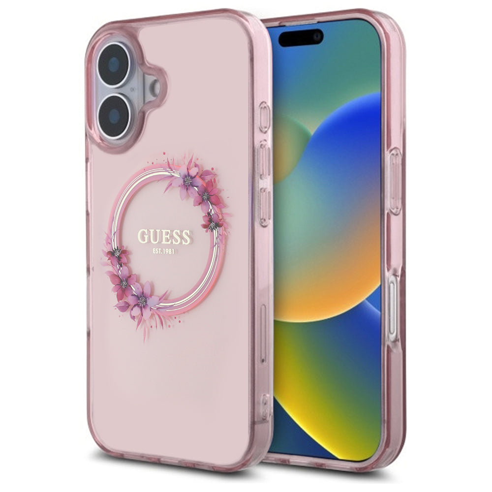 Futrola MagSafe za Apple iPhone 16, Guess, IML Flowers Wreath, Roze