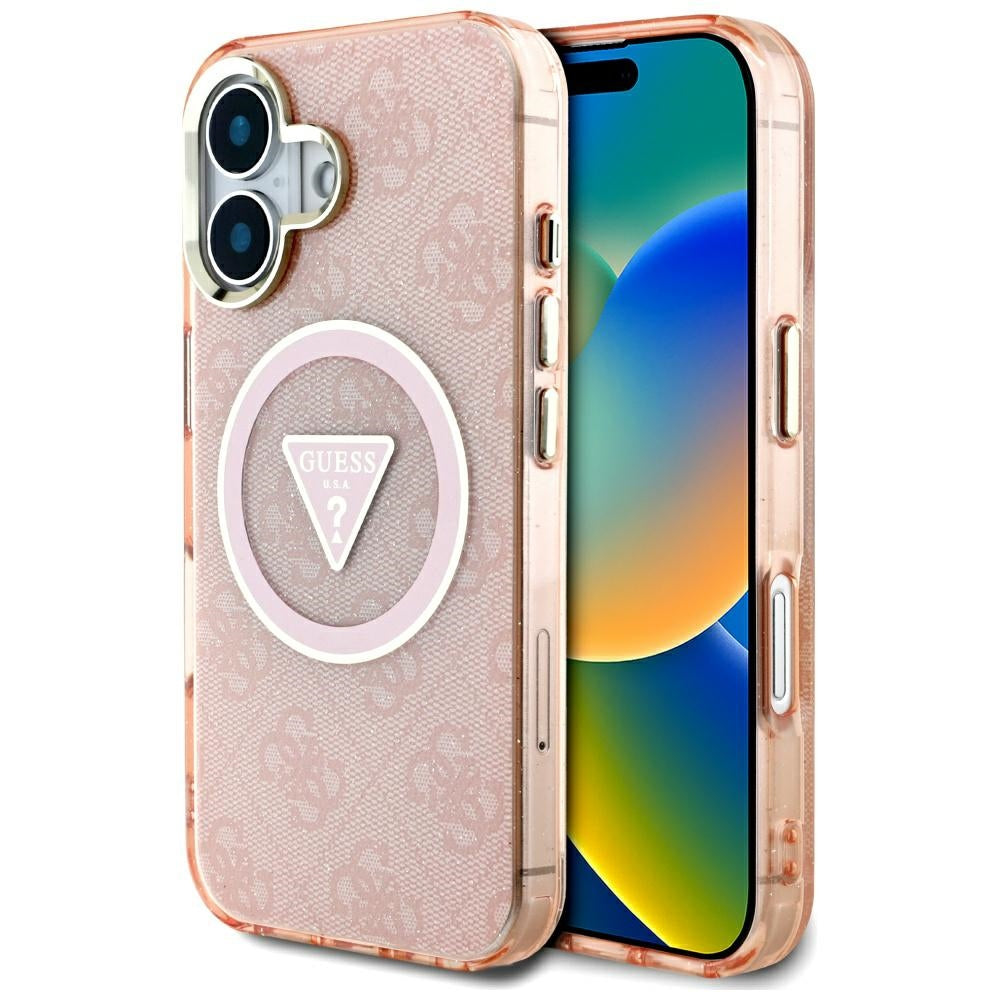 Futrola MagSafe za Apple iPhone 16, Guess, IML Glitter 4G Circle Triangle, Roze