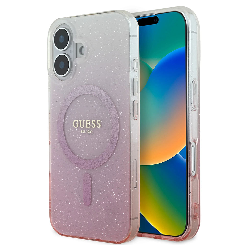 Futrola MagSafe za Apple iPhone 16, Guess, IML Glitter Gradient, Roze
