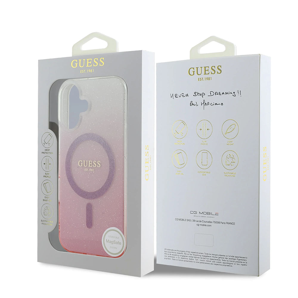 Futrola MagSafe za Apple iPhone 16, Guess, IML Glitter Gradient, Roze