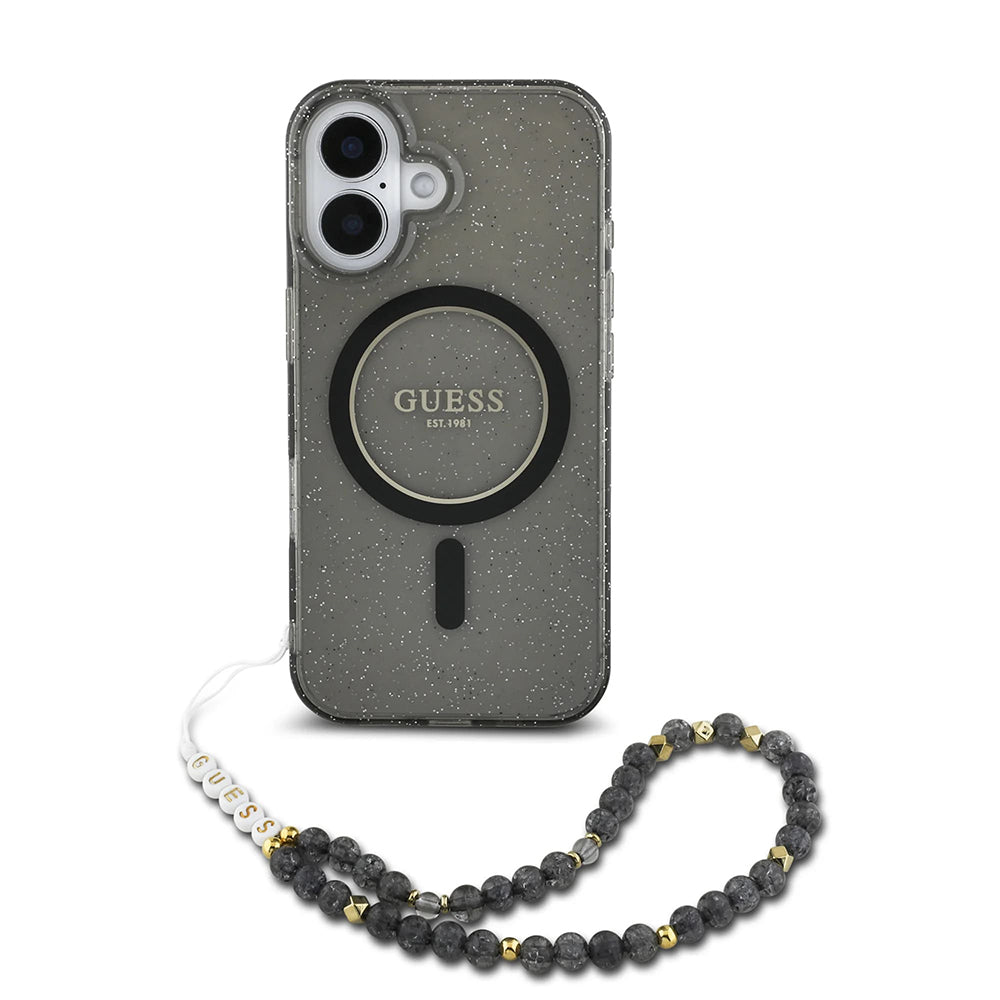 Futrola MagSafe za Apple iPhone 16, Guess, IML Glitter sa perl trakom, Crna
