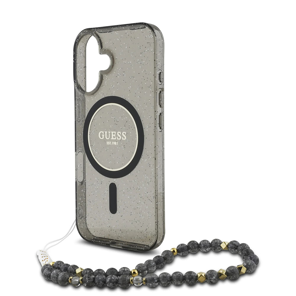 Futrola MagSafe za Apple iPhone 16, Guess, IML Glitter sa perl trakom, Crna