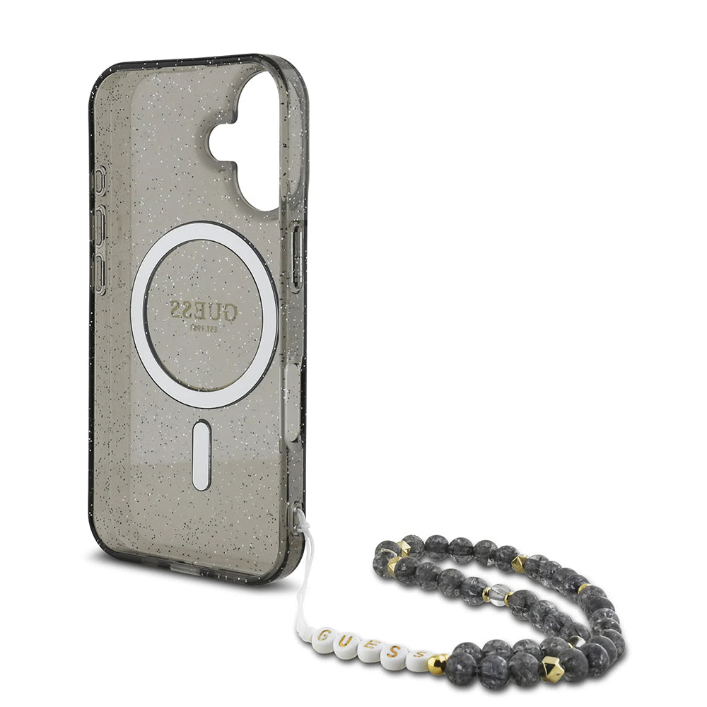 Futrola MagSafe za Apple iPhone 16, Guess, IML Glitter sa perl trakom, Crna