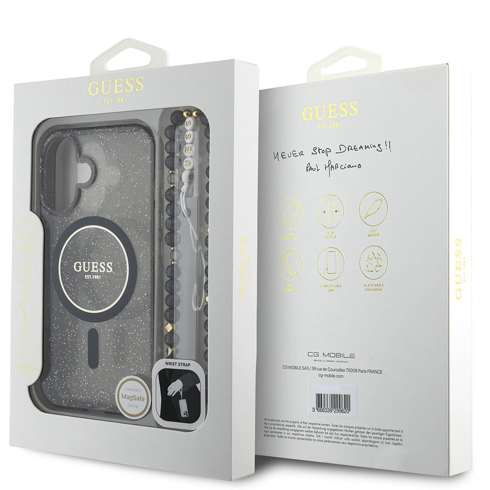 Futrola MagSafe za Apple iPhone 16, Guess, IML Glitter sa perl trakom, Crna