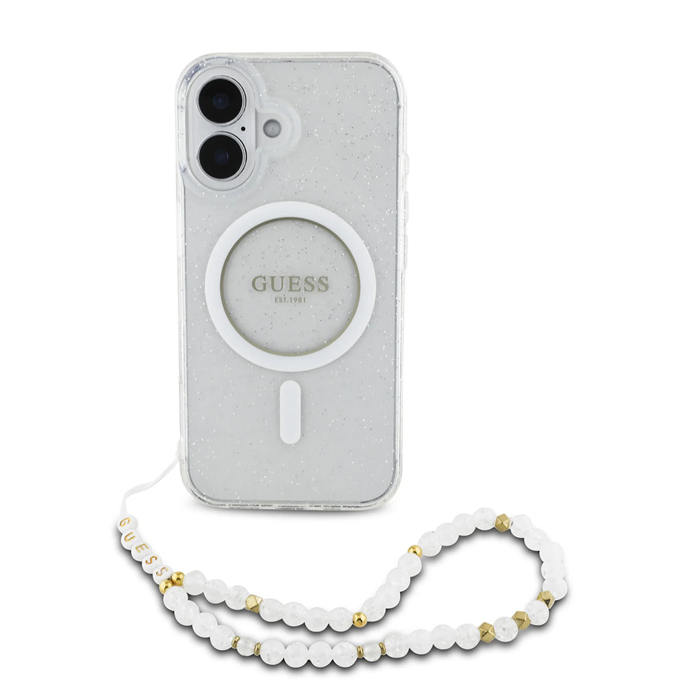 Futrola MagSafe za Apple iPhone 16, Guess, IML Glitter with Pearl Strap, Transparentna