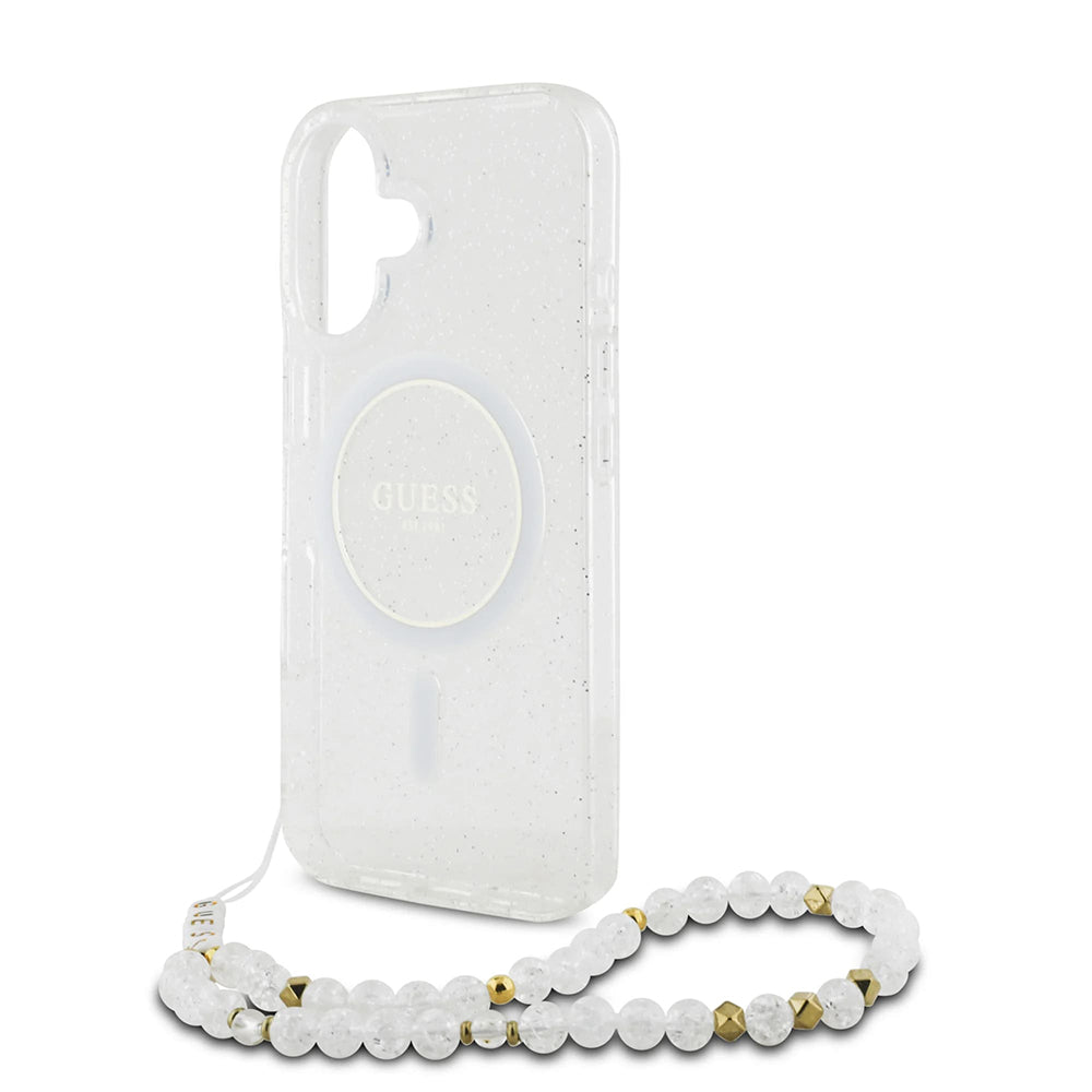 Futrola MagSafe za Apple iPhone 16, Guess, IML Glitter with Pearl Strap, Transparentna