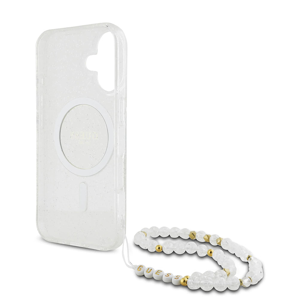 Futrola MagSafe za Apple iPhone 16, Guess, IML Glitter with Pearl Strap, Transparentna