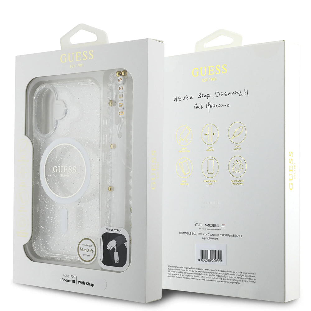 Futrola MagSafe za Apple iPhone 16, Guess, IML Glitter with Pearl Strap, Transparentna