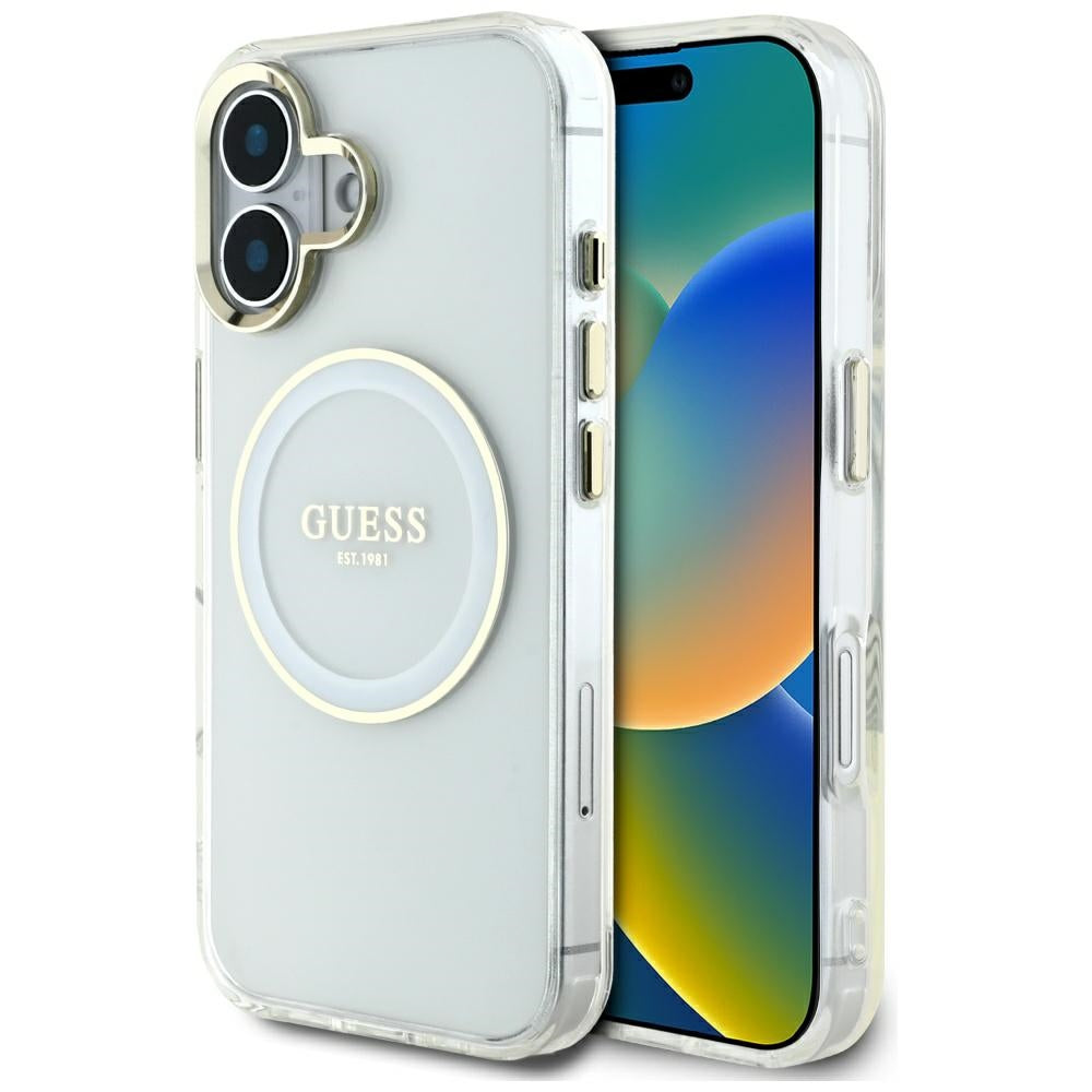 Husa MagSafe za Apple iPhone 16, Guess, IML Metal Colored Circle, Bela