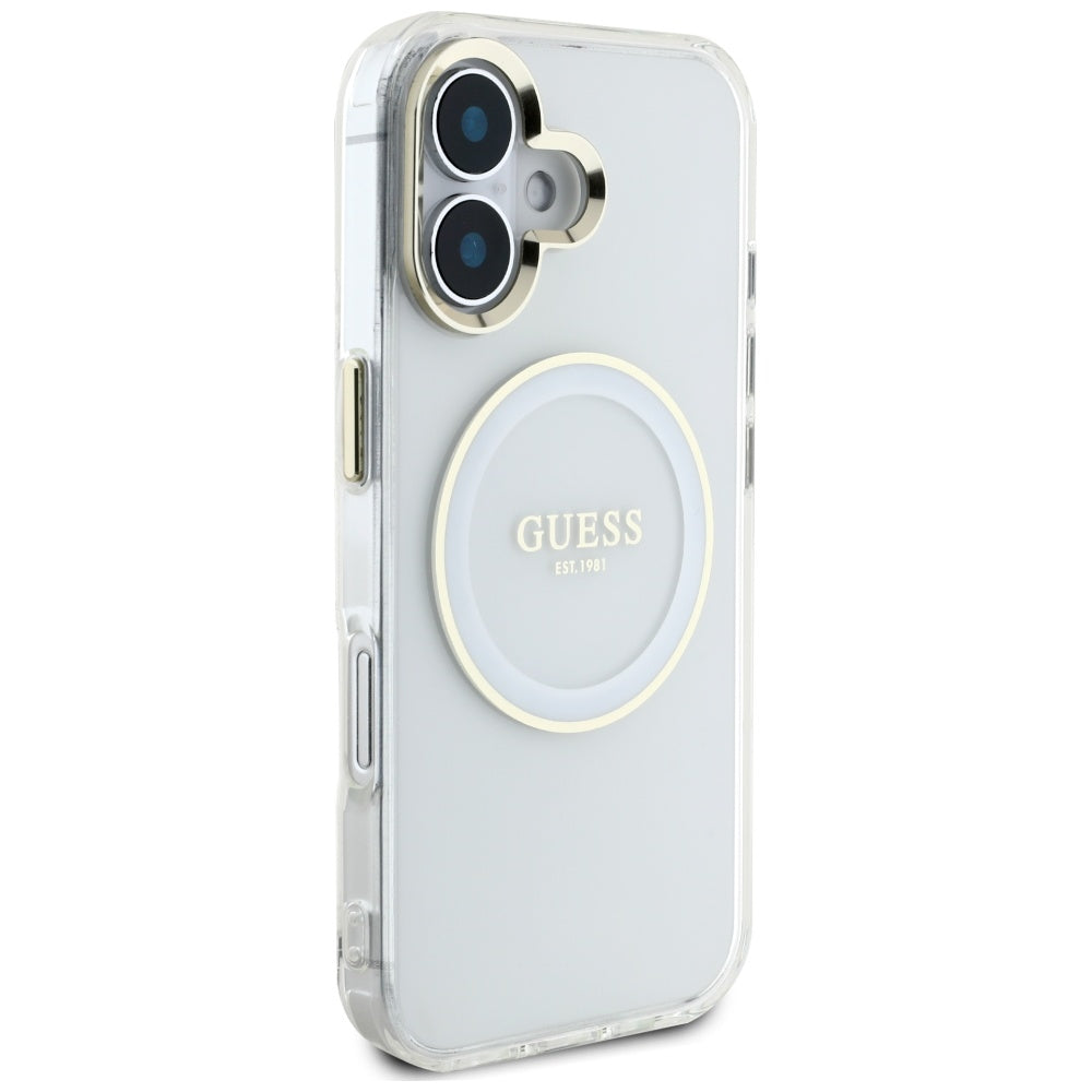 Husa MagSafe za Apple iPhone 16, Guess, IML Metal Colored Circle, Bela