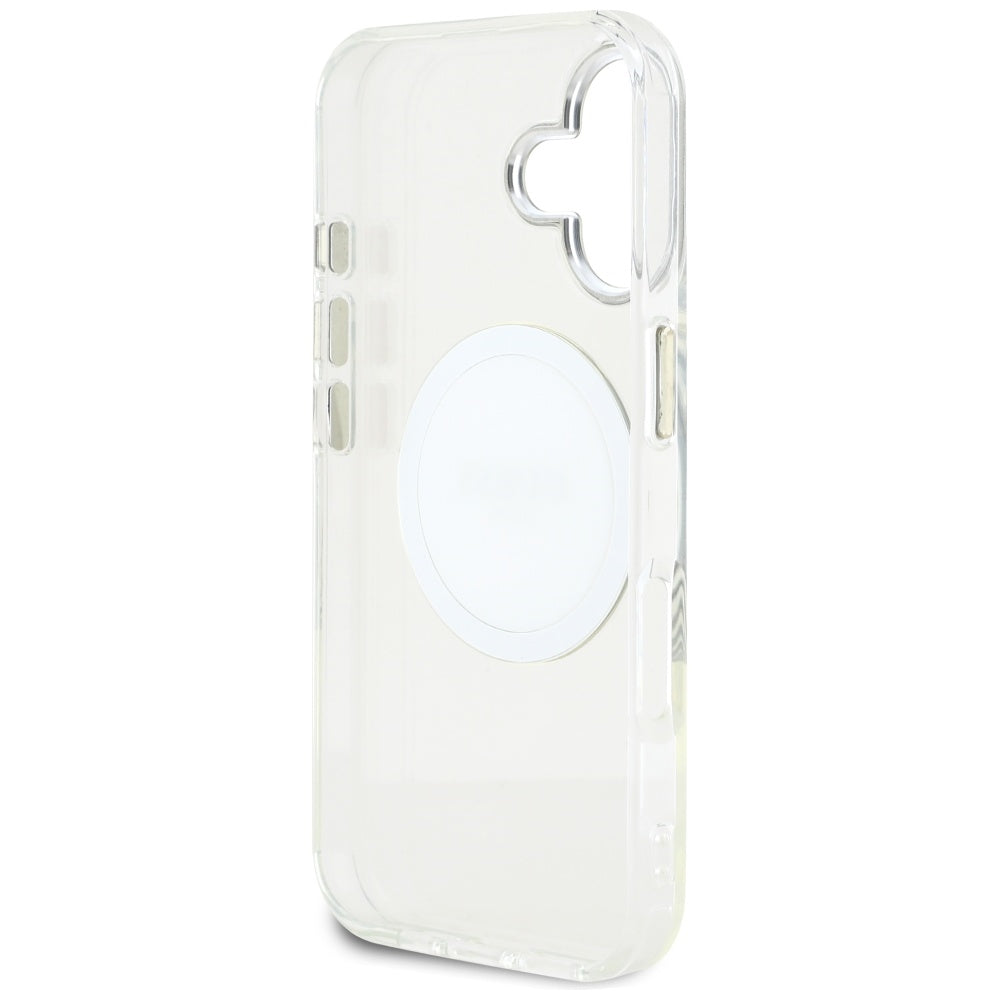 Husa MagSafe za Apple iPhone 16, Guess, IML Metal Colored Circle, Bela