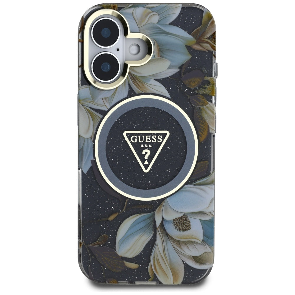 Futrola MagSafe za Apple iPhone 16, Guess, IML Metal Glitter Flowers Triangle, Crna
