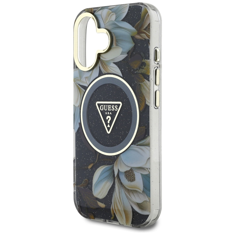 Futrola MagSafe za Apple iPhone 16, Guess, IML Metal Glitter Flowers Triangle, Crna