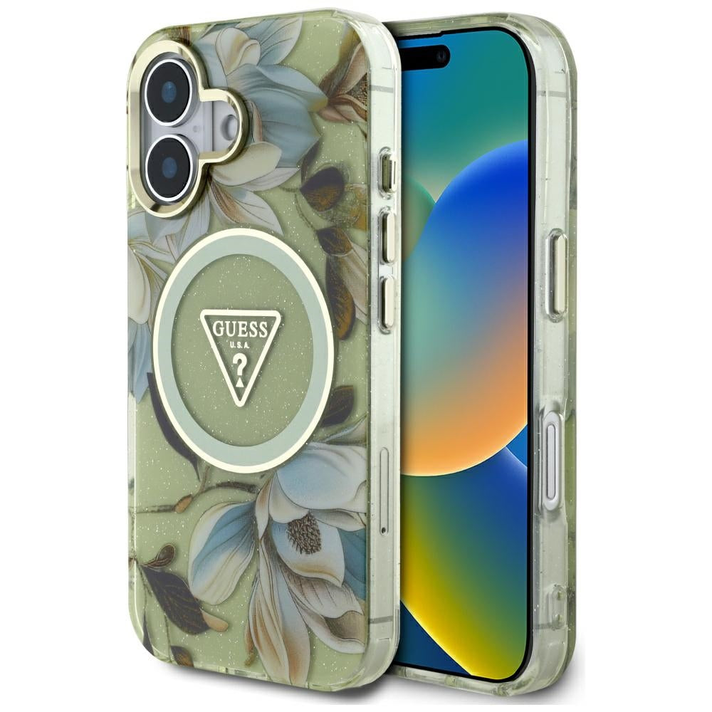 Futrola MagSafe za Apple iPhone 16, Guess, IML Metal Glitter Flowers Triangle, Zelena