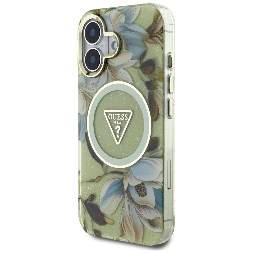 Futrola MagSafe za Apple iPhone 16, Guess, IML Metal Glitter Flowers Triangle, Zelena