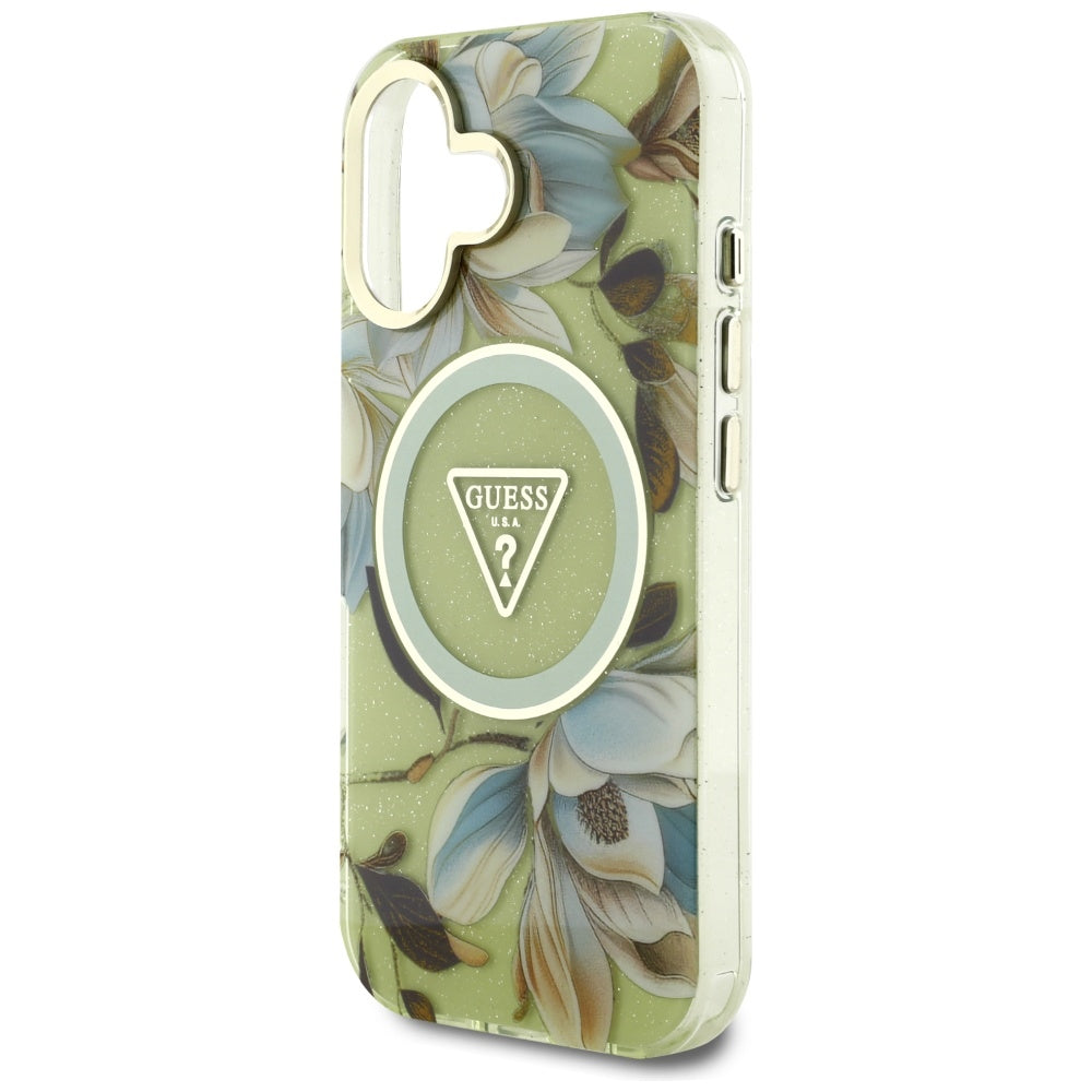Futrola MagSafe za Apple iPhone 16, Guess, IML Metal Glitter Flowers Triangle, Zelena