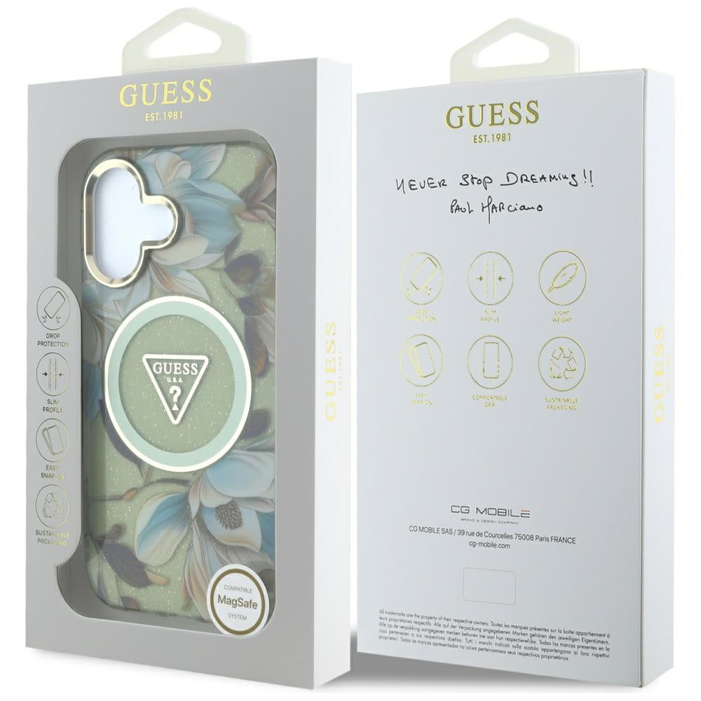 Futrola MagSafe za Apple iPhone 16, Guess, IML Metal Glitter Flowers Triangle, Zelena