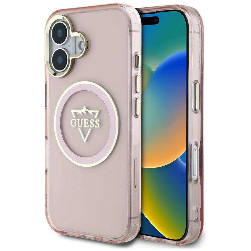 Futrola MagSafe za Apple iPhone 16, Guess, IML Metal Mountain Logo, Roze