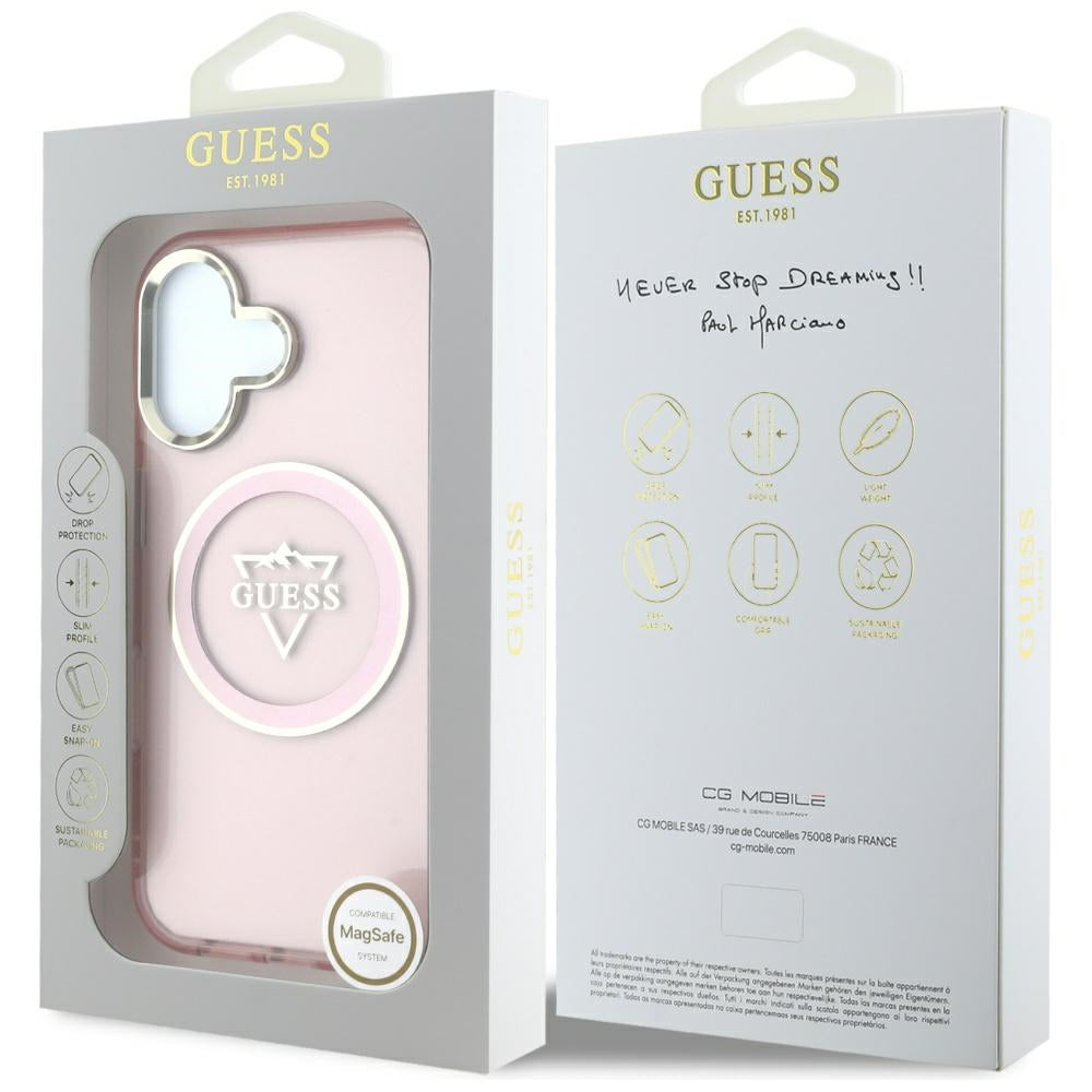 Futrola MagSafe za Apple iPhone 16, Guess, IML Metal Mountain Logo, Roze