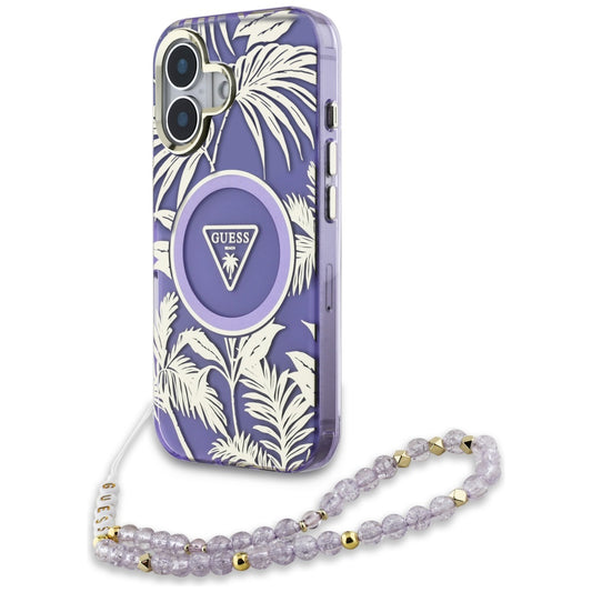 Husa MagSafe za Apple iPhone 16, Guess, IML Palm Trees Triangle with Pearl Strap, Ljubičasta