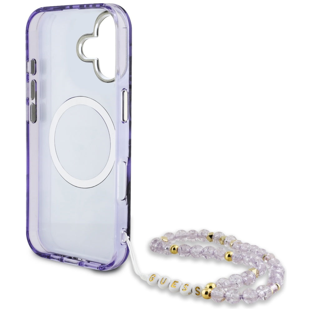 Husa MagSafe za Apple iPhone 16, Guess, IML Palm Trees Triangle with Pearl Strap, Ljubičasta