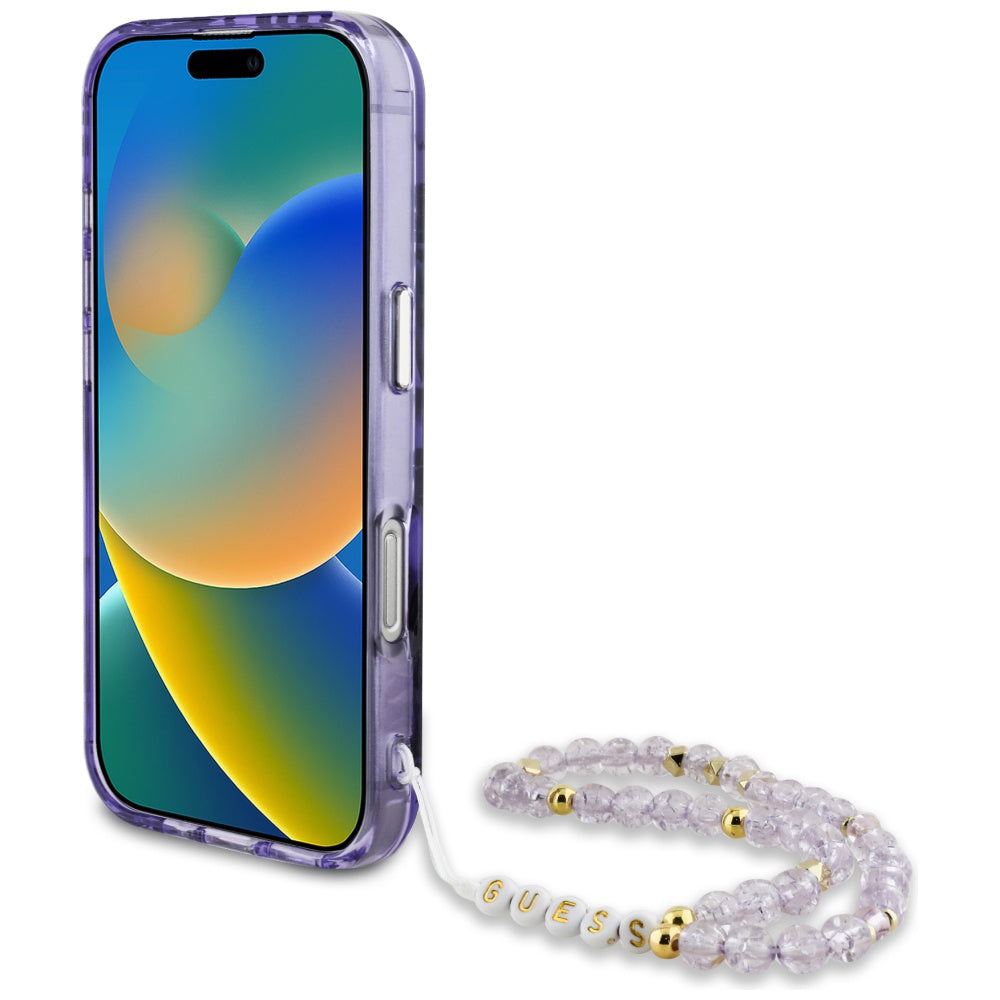 Husa MagSafe za Apple iPhone 16, Guess, IML Palm Trees Triangle with Pearl Strap, Ljubičasta