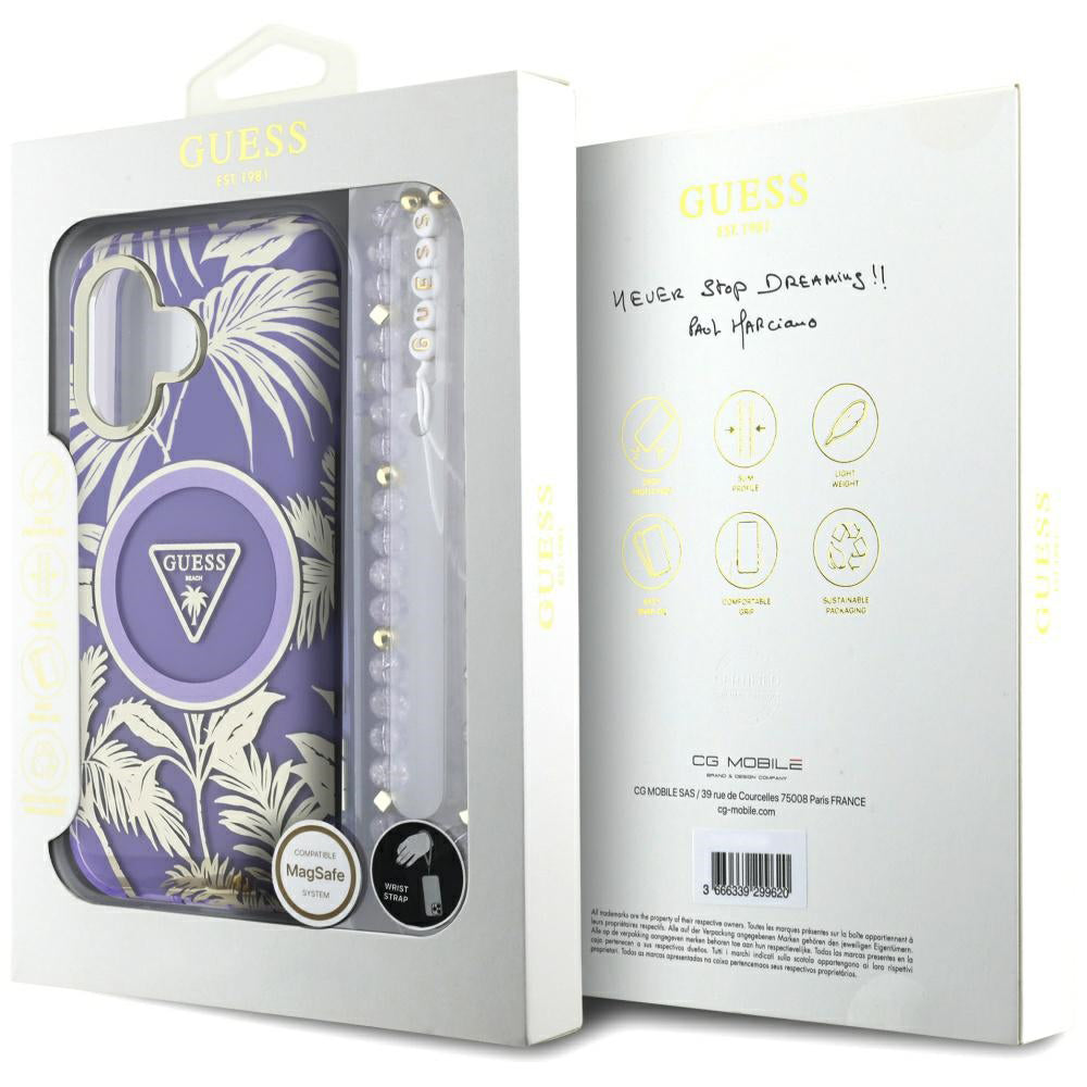 Husa MagSafe za Apple iPhone 16, Guess, IML Palm Trees Triangle with Pearl Strap, Ljubičasta