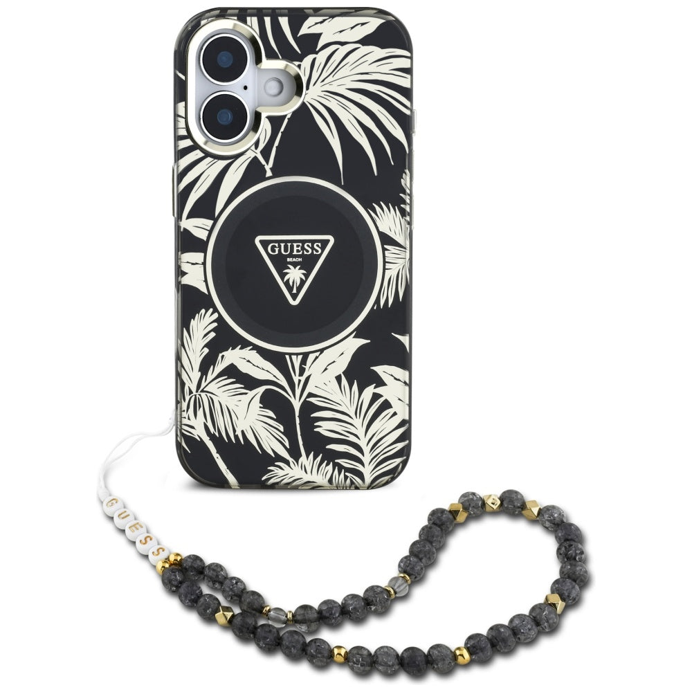 Futrola MagSafe za Apple iPhone 16, Guess, IML Palm Trees Triangle with Pearl Strap, Crna