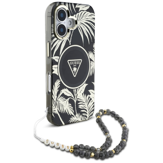 Futrola MagSafe za Apple iPhone 16, Guess, IML Palm Trees Triangle with Pearl Strap, Crna