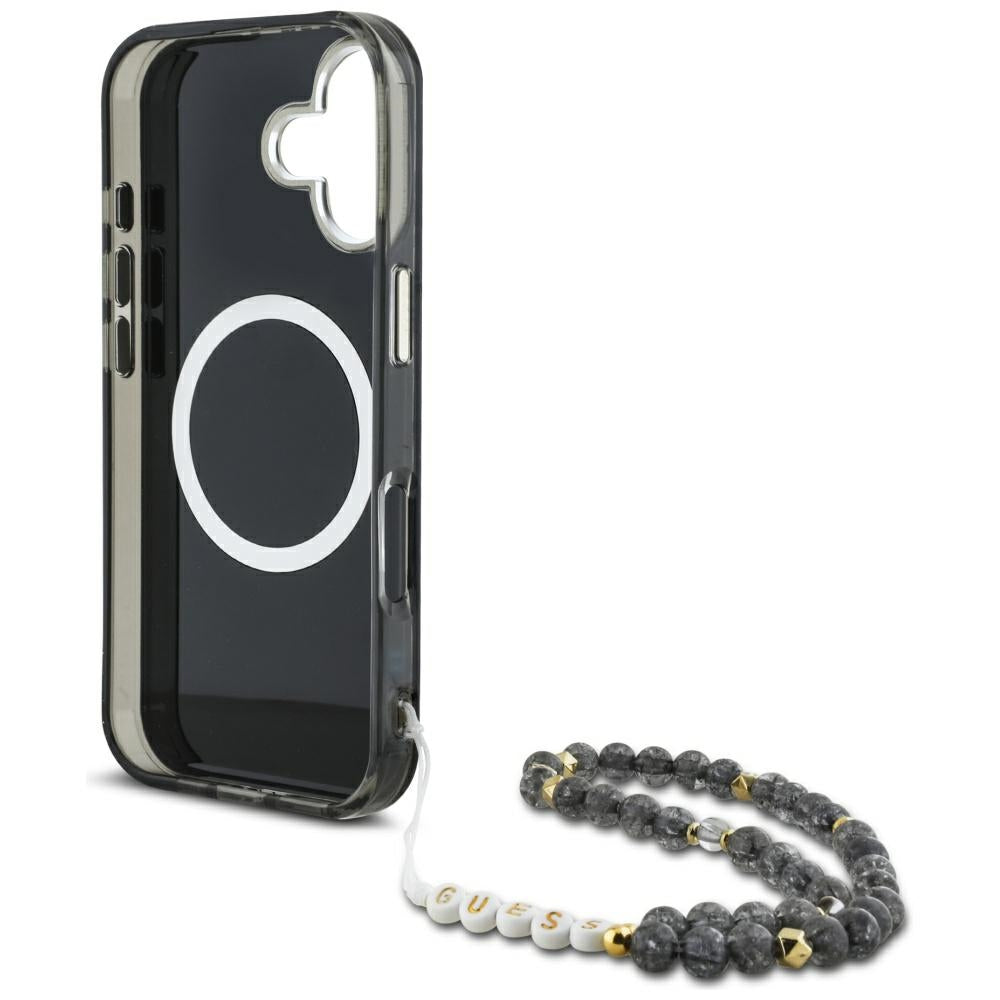 Futrola MagSafe za Apple iPhone 16, Guess, IML Palm Trees Triangle with Pearl Strap, Crna