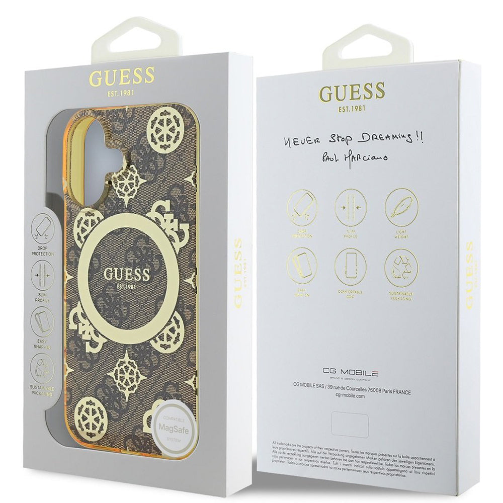 Futrola MagSafe za Apple iPhone 16, Guess, IML Peony On 4G Background, Braon
