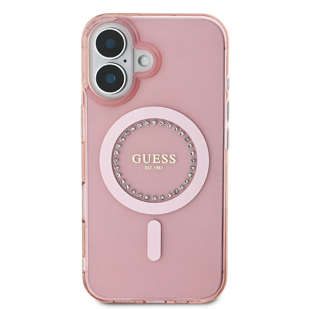 Futrola MagSafe za Apple iPhone 16, Guess, IML Rhinestones Ring, Roze GUHMP16SPFTDTEP