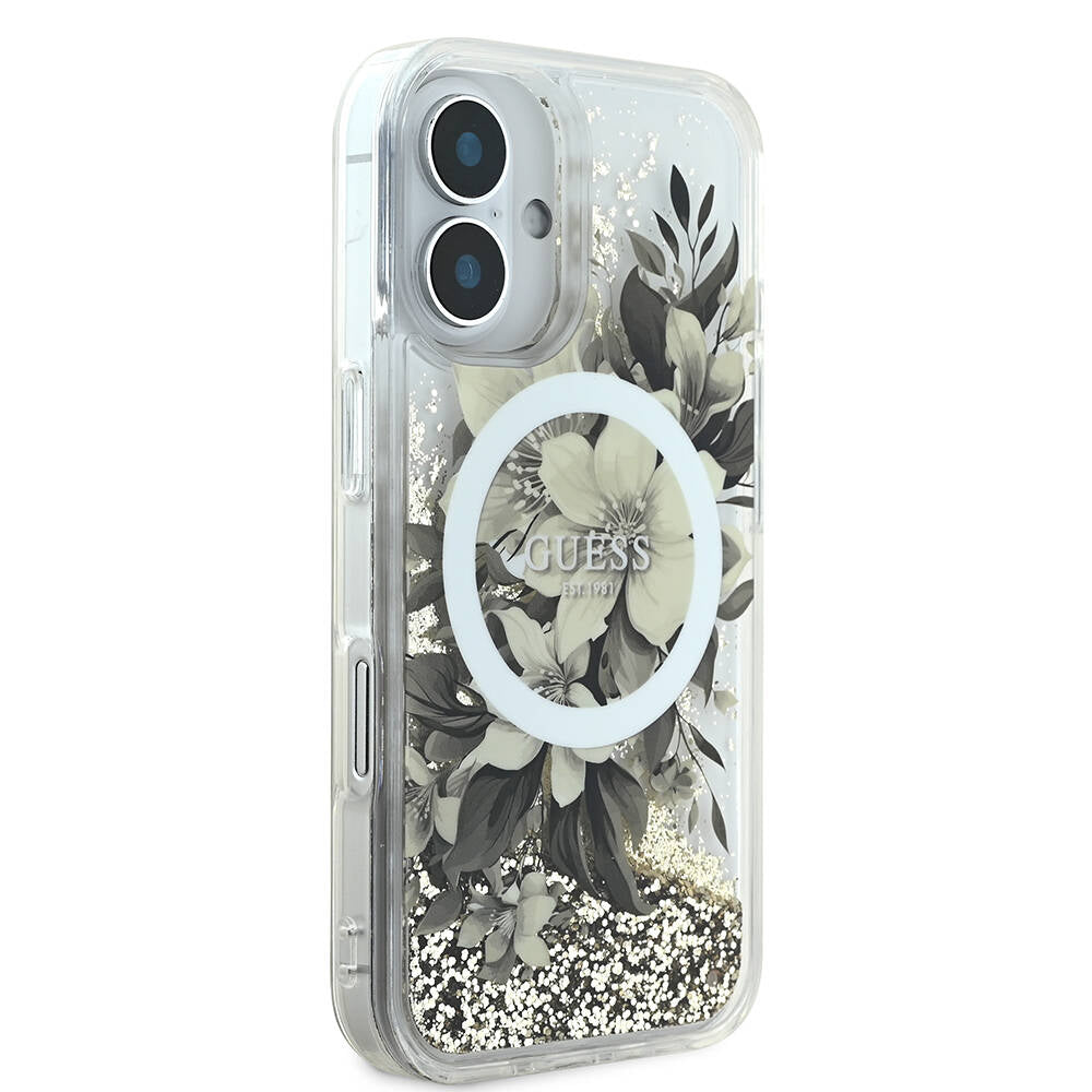 Futrola MagSafe za Apple iPhone 16, Guess, Liquid Glitter Flower, Bež