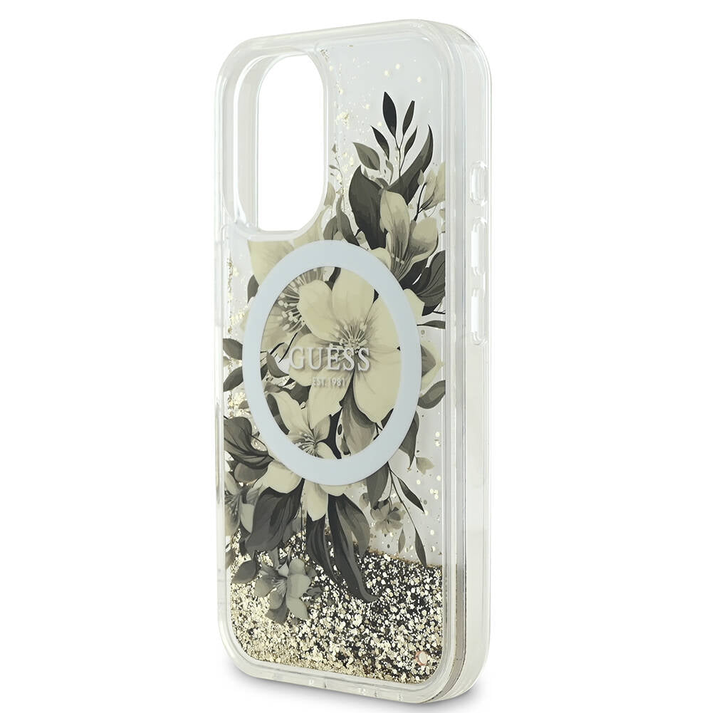 Futrola MagSafe za Apple iPhone 16, Guess, Liquid Glitter Flower, Bež