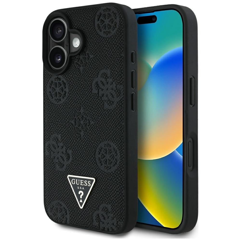 Futrola MagSafe za Apple iPhone 16, Guess, Peony Grained Hot Stamp Triangle, Crna