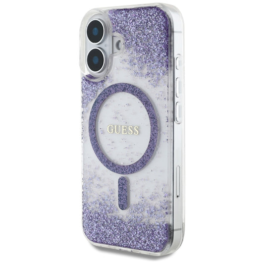 Husa MagSafe za Apple iPhone 16, Guess, Resin Bottom Glitter, Ljubičasta