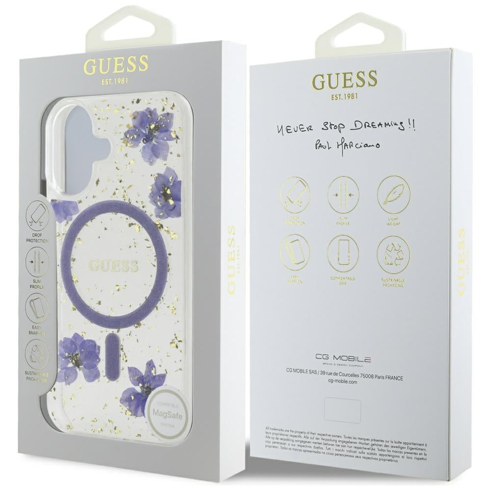 Husa MagSafe za Apple iPhone 16, Guess, Resin Flowers and Glitter, Ljubičasta