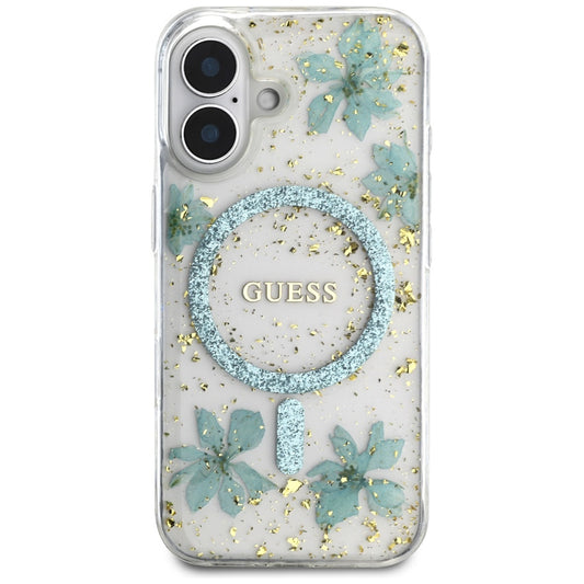 Husa MagSafe za Apple iPhone 16, Guess, Resin Flowers and Glitter, Tirkiz