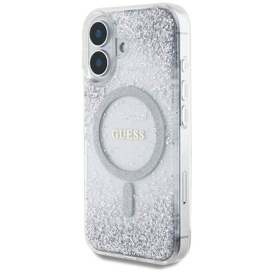 Husa MagSafe za Apple iPhone 16, Guess, Resin Gradient Glitter, Srebrna