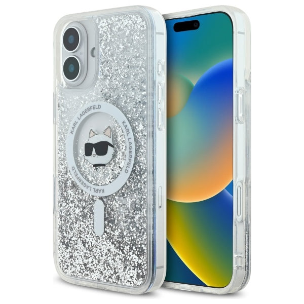 Futrola MagSafe za Apple iPhone 16, Karl Lagerfeld, Glitter Liquid Choupette Head, Transparentna