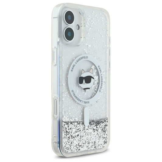 Futrola MagSafe za Apple iPhone 16, Karl Lagerfeld, Glitter Liquid Choupette Head, Transparentna