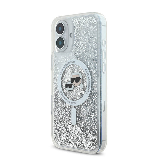 Futrola MagSafe za Apple iPhone 16, Karl Lagerfeld, Glitter Liquid Karl & Choupette' s Heads, Transparentna