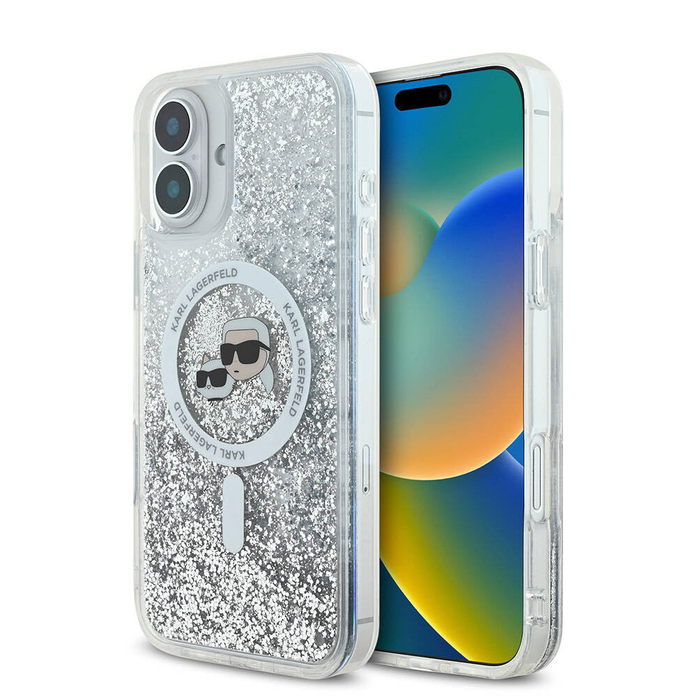 Futrola MagSafe za Apple iPhone 16, Karl Lagerfeld, Glitter Liquid Karl & Choupette' s Heads, Transparentna