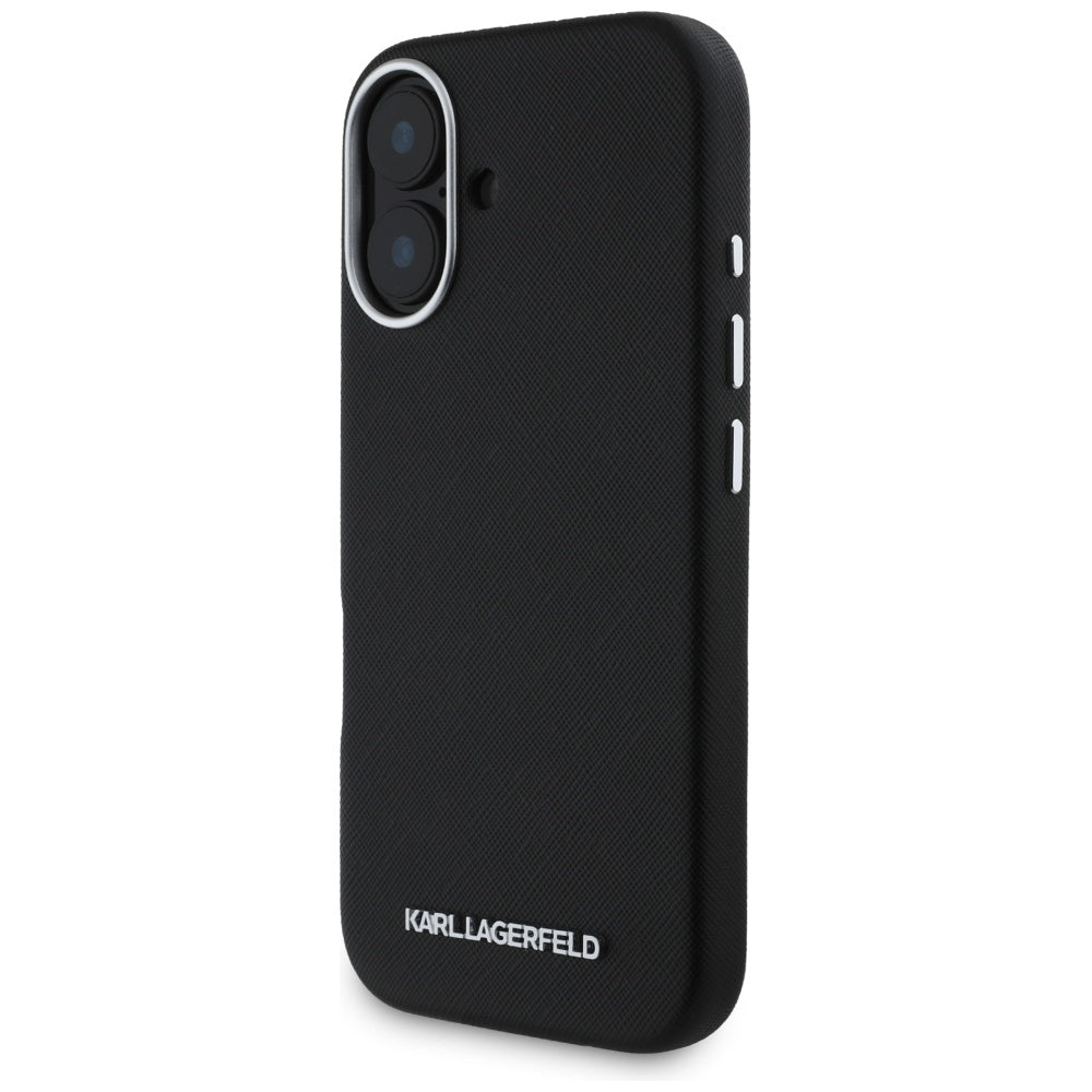 Futrola MagSafe za Apple iPhone 16, Karl Lagerfeld, Saffiano Full Wrapped Elongated Metal Logo, Crna