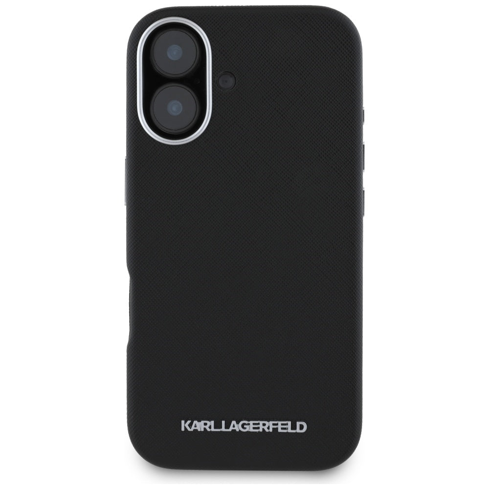 Futrola MagSafe za Apple iPhone 16, Karl Lagerfeld, Saffiano Full Wrapped Elongated Metal Logo, Crna