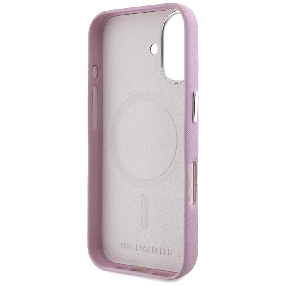 Futrola MagSafe za Apple iPhone 16, Karl Lagerfeld, Saffiano Full Wrapped Elongated Metal Logo, Roze